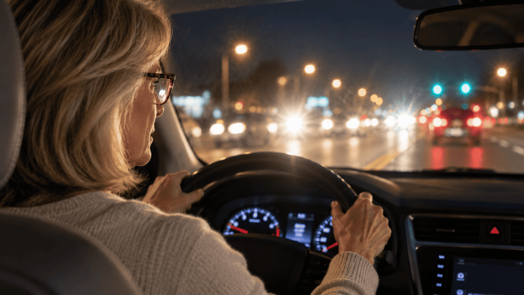Woman wearing glasses experiencing nighttime driving glare, a common symptom of cataracts.